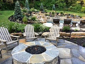 landscape design, hardscape. st. louis landscape, fire pit, ajuga, hameln grass, flagstone, patio