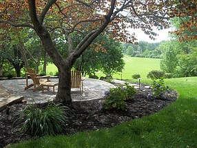 landscape design, hardscape, st. louis landscape, paver patio, hydrangea, periwinkle, seating area