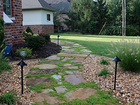 landscape design, hardscape, st. louis landscape, pathway, dry creek bed, flagstone, ground cover