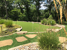 landscape design, hardscape, st. louis landscape, flagstone stepping stones, putting green, artificial turf