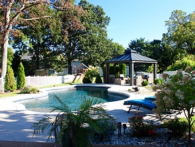 landscape design, hardscape, st. louis hardscape, hydrangea, drift rose, fern, gazebo, seating area, pool, gravel