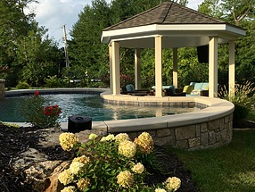 landscape design, hardscape, st. louis landscape, hydrangea, drift rose, creeping jenny, hameln grass, colorful, mulch, pool, structure, gazebo