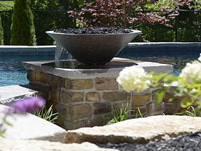 landscape design, lighting, st. louis landscape, fire bowl, water bowl, hydrangea, butterfly bush, liriope, pool, elegant