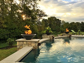 landscape design, lighting, st. louis landscape, fire bowl, planter, pool, botanical