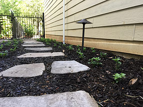 landscape design, lighting, st. louis landscape, stepping stones, pathway, groundcover, pachysandra, fence