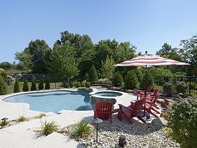 landscape design, lighting, st. louis landscape, dome lights, stairs, pool