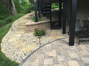 landscape design, hardscape, st. louis landscape, stone ledge staircase, paver patio, outdoor lighting