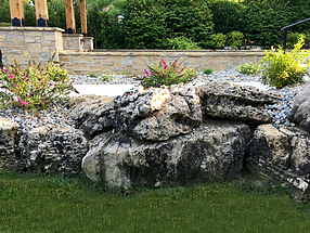 landscape design, hardscape, st. louis landscape, limestone retaining wall, butterfly bush, coreopsis