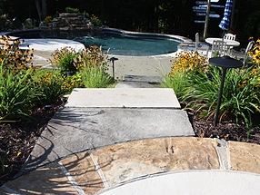 landscape design, hardscape, st. louis landscape, flagstone, stairs, rudbeckia